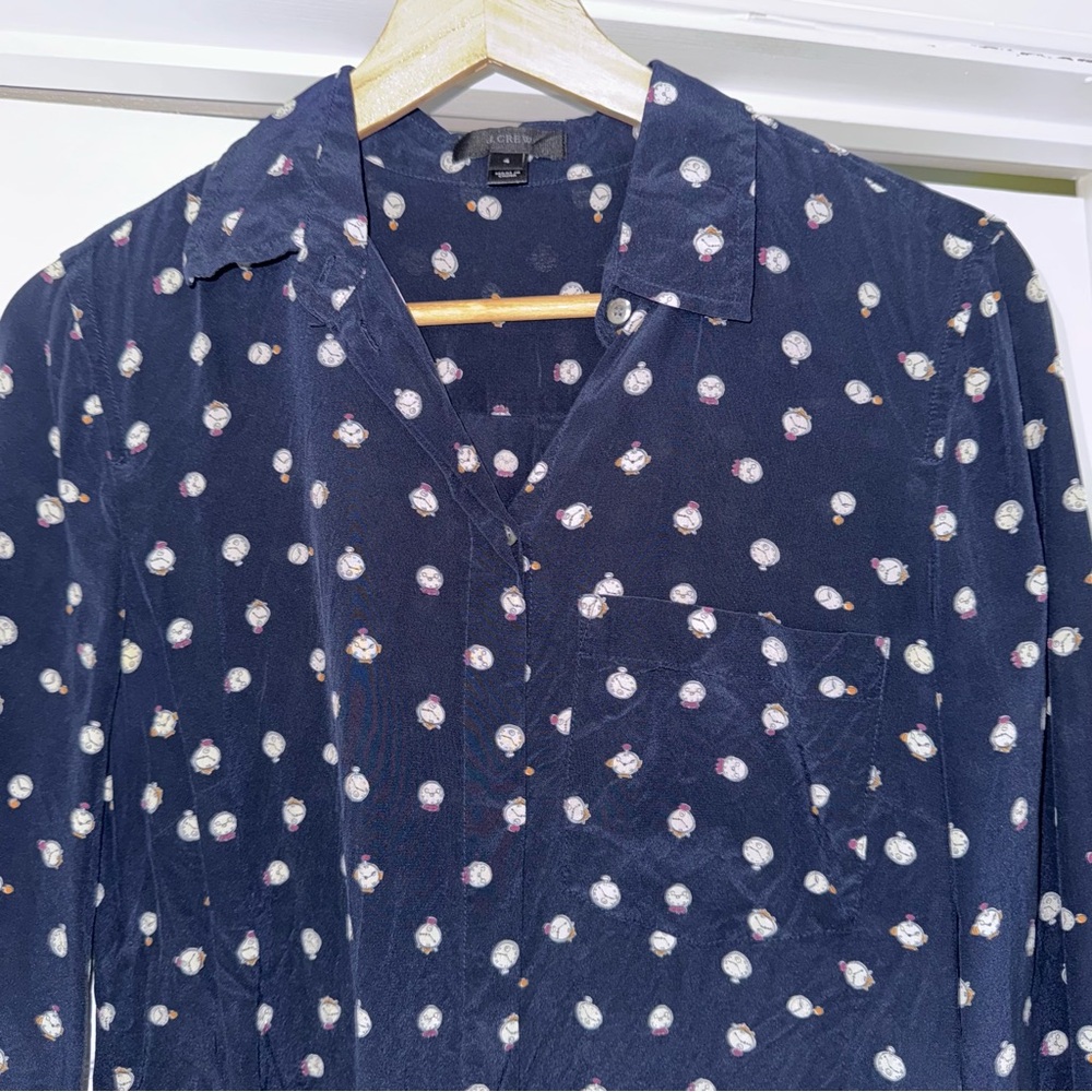 J. Crew 100% Silk Button Down Shirt Navy Clocks 4 - Picture 2 of 7